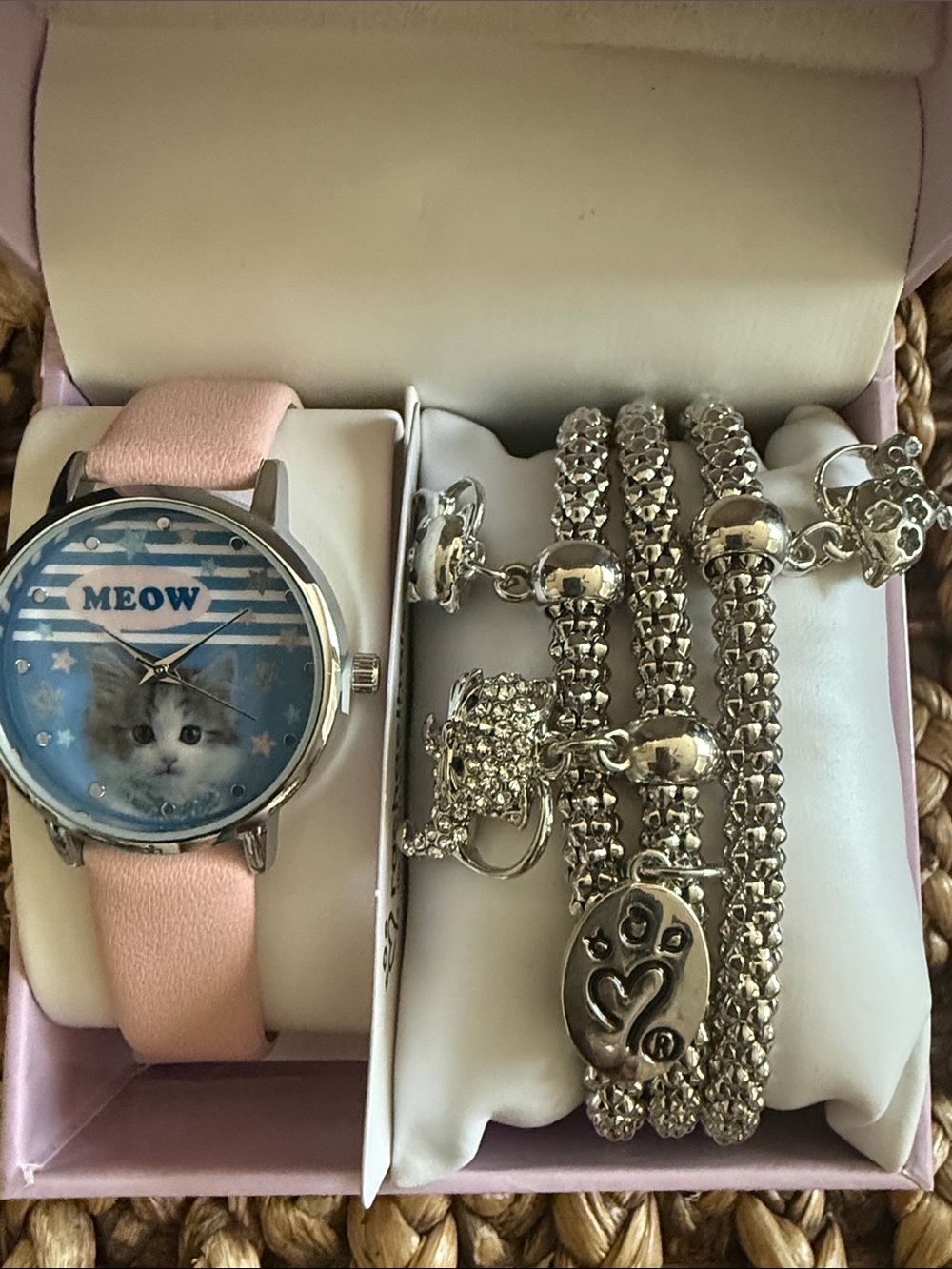 Pink Cat Face Watch with Silver Charm Bracelet Set